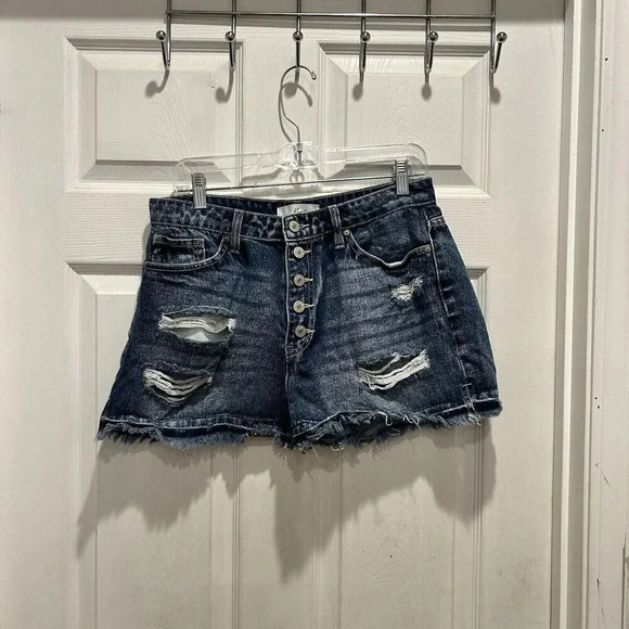 KanCan Women’s Blue Jean Shorts Sz Large Waist 30” High Rise Distressed Frayed‎ - Picture 1 of 9